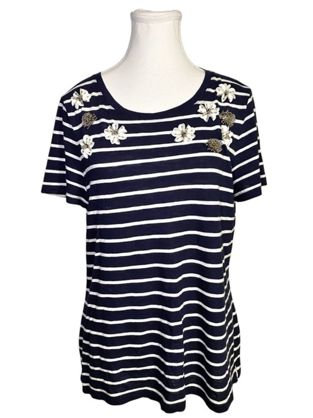 Talbots Striped Floral Embellished Short Sleeve T-Shirt Top Navy Blue White